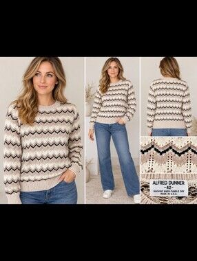 Vintage Alfred Dunner Sweater Made in USA | Cream Black Chevron Open Knit Large